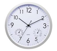 Colexy Reloj de Pared con Termómetro e Higrómetro, Reloj de Pared Silencioso y Decorativo, Movimiento de Barrido sin Tictac, Reloj Panel Blanco Marco Plata, para Cocina, Dormitorio, Oficina en Casa