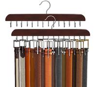Colgador de cinturones para armario con capacidad para 42 cinturones, organizador de cinturones, accesorio para armario con 14 ganchos, estante de madera resistente, color caoba, 2 unidades
