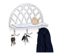 relaxdays Colgador Llaves con Estante, Perchero Pared, Recibidor, Hierro Fundido-Madera, 1 Ud, 23 x 27 x 12 cm, Blanco