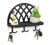 Relaxdays Colgador Llaves con Estante, Perchero Pared, Recibidor, Hierro Fundido-Madera, 1 Ud, 23 x 27 x 12 cm, Negro