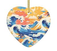 Colgante de amor de cerámica para árbol de Navidad, 6,8 x 7,6 cm, playa YYHWHJDE Maui, Hawaii, puesta de sol, mar, olas y nubes, patrón con cuerda de alambre dorada para colgar fácilmente