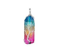 Colgante de árbol de la vida con forma de columna de cristal de colores envuelto alrededor de alambre de cobre, piedra cruda, color arcoíris, DIY, adorno, collar, colgante de plata.