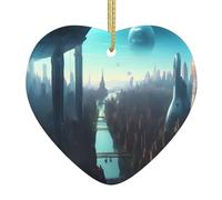 Colgante de cerámica para árbol de Navidad, 6,8 x 7,6 cm, diseño de ciudades del futuro con cuerda de alambre dorada para colgar fácilmente