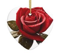 Colgante de cerámica para árbol de Navidad, 6,8 x 7,6 cm, gotas de agua WHJSHOP con impresiones de rosas rojas, fácil de colgar en centros comerciales y tiendas