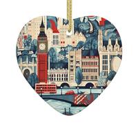 Colgante de corazón de cerámica de Navidad para colgar en WHJSHOP hermoso patrón de Londres, decoración de Navidad para árbol de Navidad, supermercado, hogar