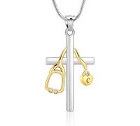 Colgante de cremación para cenizas, collar de cruz médica de acero inoxidable con estetoscopio y dije de corazón personalizable para enfermeras, médicos, héroes de la salud, Acero inoxidable, No es