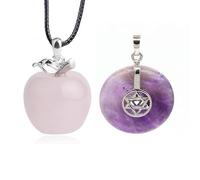 Colgante de cristal rosa Apple 20mm con cordón de cuero negro plateado amatista redonda hueca estrella de David
