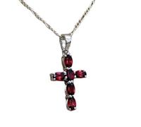 Colgante de granate natural facetado ovalado rojo de 28 x 13 mm, cruz de plata de ley 925 con cadena de cable de 45 cm, protección energética, pasión, chakra raíz, regalo para mujer | gmpd_0184