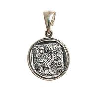 Colgante de la sabiduría del búho de Atena, réplica pequeña de moneda griega mitología rústica