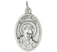 Colgante de medalla de San Carlo Acutis con tarjeta de oración, medalla ovalada en tono plateado, regalo católico, devocional portátil, patrón de Internet, fabricado en Italia