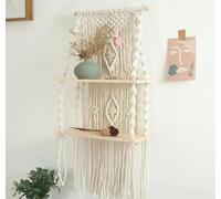 Colgante de pared de macramé con estantes flotantes, decoración de pared bohemia con 2 estantes de madera, cuerda de algodón tejida a mano, color blanco