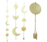 Colgante de pared hecho a mano con fase lunar, media luna de metal dorado y círculo, decoración móvil con campana, decoración bohemia para el hogar, arte de pared lunar de 40 pulgadas de largo
