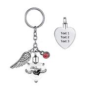 Colgante de piedra natal en forma de corazón de acero inoxidable con llavero de joyería conmemorativa de alas de ángel para regalo a familiares o amigos, julio