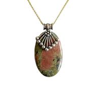 Colgante de unakita natural en plata de ley 925 con forma ovalada y cadena de eslabones. Promueve la sanación emocional. Joyería artesanal. Medallón de energía para el crecimiento |LK_SGMP_0156