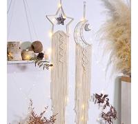 Colgante Estrella Luna Atrapasueños Bohemio Hecho a Mano Macrame Colgante de Pared Atrapasueños con Led Cadena de Luz para Habitación Apartamento Casa Dormitorio Decoración de La