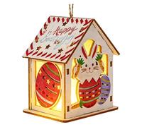 Colgante LED de madera con conejo y huevos, casa de madera iluminada como decoración de primavera, colgante para ventana, puerta y habitación infantil, decoración festiva de Pascua (rojo)