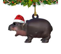 Colgante navideño de hipopótamo - divertida figura de invierno de acrílico 2D con lindo sombrero que aporta un ambiente festivo, un acento decorativo en ramas de abeto, puertas, paredes, superficies