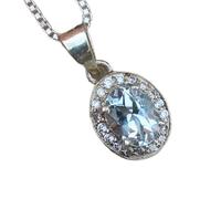 Colgante ovalado de aguamarina natural de 15 x 13 mm, facetado, blanco, en plata de ley 925, con cadena de cable de 45 cm. Calma, coraje, chakra de la garganta, comunicación, sanación | gmpd_0467