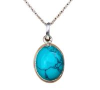 Colgante ovalado de turquesa natural de 20 x 10 mm, liso y azul, en plata de ley 925, con cadena de cable de 45 cm, ideal para protección, curación, buena suerte, comunicación, regalo, joyería |