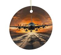 Colgante redondo de cerámica con diseño de avión militar aterrizando en pistas de la fuerza aérea contra un hermoso cielo oscuro, adorno colgante de cerámica de doble cara personalizado, decoración