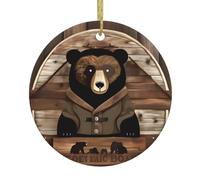 Colgante redondo de cerámica con estampado de oso de cabaña, adorno de árbol de Navidad, adecuado para recuerdos y decoraciones navideñas.