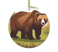 Colgante redondo de cerámica con estampado de oso marrón, adorno para árbol de Navidad, adecuado para recuerdos y decoraciones navideñas.