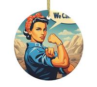 Colgante redondo de cerámica de Navidad, 7,4 cm, decoración navideña con texto en inglés "WHJSSF We Can Do It"