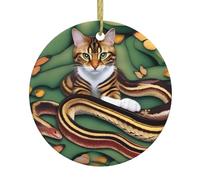 Colgante redondo de cerámica de Navidad, 7,4 cm, diseño de WHJSHOP La historia de la serpiente y el gato, decoración lisa