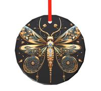 Colgante redondo de cristal dorado con diseño de libélula sobre fondo negro, decoración de árbol de Navidad, regalo de cumpleaños