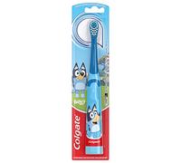 Colgate Cepillo de dientes a pilas para niños, cepillo de dientes con batería AA incluida, cerdas extrasuaves, mango plano para evitar que se enrolle, cepillo de dientes azulado, 1 paquete