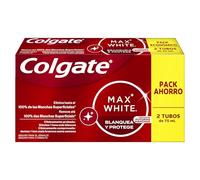 Colgate Max White Blanquea y Protege, Pasta de Dientes Blanqueante, 2x75ml | Dentífrico blanqueador, Dientes 1 tono más blancos en 1 semana, Elimina 100% manchas superficiales