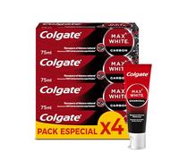 Colgate Max White con Carbón Activado Pasta de Dientes Blanqueadora, Pack 4x75ml, Clínicamente Comprobada que Elimina hasta el 100% de las Manchas Superficiales, Ingredientes de Origen Natural