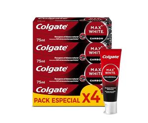 Colgate Max White Carbón Pasta de Dientes 4x75ml | Blanqueador Natural para Eliminar Manchas Superficiales
