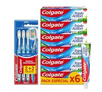 Colgate - Pack Pasta de Dientes Triple Acción 6 x 75ml + 4 Cepillos de Dientes Extra Clean Dureza Media - Limpieza Profunda, Protección Anticaries, Aliento Fresco y Dientes más Blancos