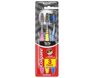 Colgate ZigZag - Cepillo de dientes (tamaño mediano, 3 unidades), color negro