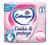 Colhogar Cuida&Protege 4R - Papel Higiénico con tecnología Odor Block: neutraliza malos olores - Paquete con 4 Rollos - 3 Capas - rollos color rosa y con una fragancia fresca