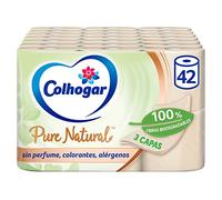 Colhogar Pure Natural x42 - Papel Higiénico Biodegradable Suave y Resistente - Papel de baño de 3 Capas, Dermatológicamente Testado - 42 Rollos, Color Natural (7x6)