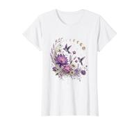 Colibrí Celestial Fase Lunar Loto Floral místico Camiseta gráfica económica, Mujer, Blanco, XL