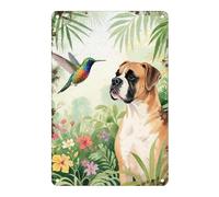 Colibrí Colorido Frente A Un Perro Bóxer En El Bosque Pintura De Hojalata Placa Decoración Letrero De Estaño Vintage Carteles De Pared De Metal para Cafetería Bar Cocina 20X30Cm