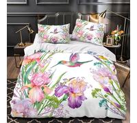 Colibrí floral Funda de Edredón Cierre de Cremallera Oculta Juego de 3 Piezas Impresión 3D incluye Fundas de Almohada Antialérgica Acuarela botánica Funda Edredon for Adolescentes Single（135x200cm）