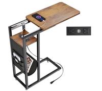 Colima Mesa auxiliar en forma de C para sofá, mesa auxiliar de sofá que se desliza debajo, mesa auxiliar en forma de C con bolsa de almacenamiento, toma de corriente y USB, mesa C de 27.8 pulgadas de