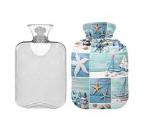 Collage con tema de mar Botella de agua caliente de 2 litros con cubierta, bolsa de agua caliente transparente para alivio del dolor de cuello y hombros, terapia caliente