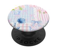 Collage de Flores y Corazones con Lazo de Rayas Rosas y Azules Suaves PopSockets PopGrip Adhesivo