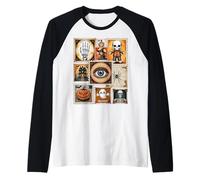 Collage de Sellos de Halloween con Esqueleto Vintage, Calabaza, Bruja Camiseta Manga Raglan