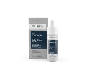 Collagenil Bio Longevity Global Defence SPF50 Sérum Facial Antiedad, Protección Alta UVA/UVB/IR y Anti-Polución, Acción Antioxidante e Iluminadora para Rostro, Cuello y Escote, Made in Italy, 30 ml