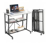 Collapsible 3-Tier Computer Desk with Wheels - No-Assembly Space-Saving Metal Shelf - Rolling Workstation for Home, Study, Dorm, or Kitchen - White