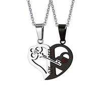 Collar Acero inoxidable Hombres Mujeres Llave Bloqueo del corazón Amor Amantes en forma de corazón Rompecabezas Colgante Amistad personalizada Joyería Regalo de cumpleaños-White+black -Onesize