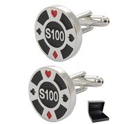COLLAR AND CUFFS LONDON Gemelos Camisa Hombre Novedosos - con Caja - Gemelos para Camisas - Ficha de Casino - Latón - Color Plata, Negro y Rojo - Redonda Póker Juego Apuesta - Un Par