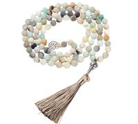 Collar Anudado de 108 Cuentas Mala para Mujeres y Niñas,Pulsera de Amazonita Natural,Collar Largo con Borla,Joyería para Oración,Meditación Espiritual,Regalo,Colgante de Árbol de La Vida de Amaz