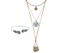 Collar bohemio multicapa y brazalete turquesa creado, gargantilla con colgante de sol de cristal verde y floral, brazalete abierto en forma de pera, brazalete de plata superpuesta, regalo étnico